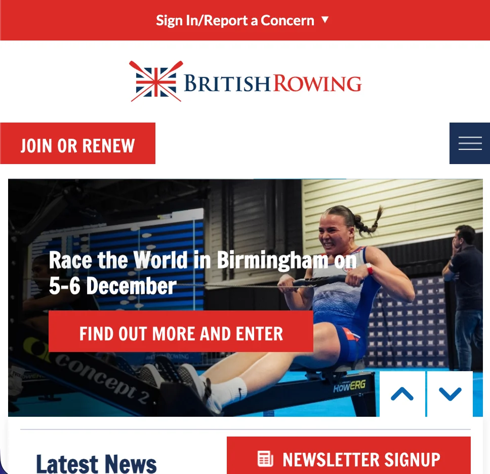 Screenshot of British Rowing website
