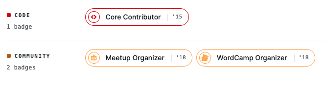 Screenshot showing badges for core contributor, meetup organizer and wordcamp organizer