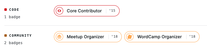 Screenshot showing badges for core contributor, meetup organizer and wordcamp organizer